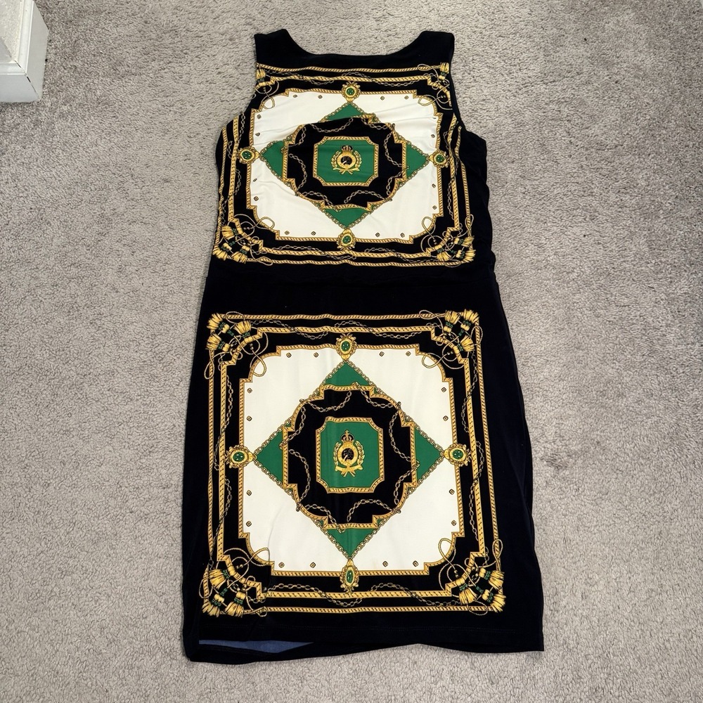 LRL Ralph Lauren Sheath Dress Size 10 Green Navy Gold Chain Scarf Print Stretch